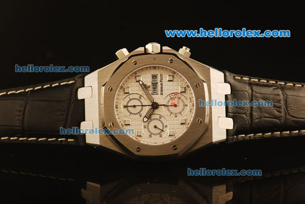 Audemars Piguet City of Sails Swiss Valjoux 7750 Automatic Steel Case with White Grid Dial and Black Leather Strap - Click Image to Close